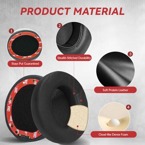 Aurivor Studio 3 Replacement Ear Pads for Beats Studio 3/2 Headphones, Cushions Earpads with Premium Protein Leather, Softer Memory Foam, Stronger Adhesive (Black) - color: Black