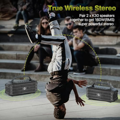TOMPROAD Bluetooth Speaker 120W Peak 80W Portable Wireless Hi-Fi Loud Outdoor IPX6 Waterproof Big Party Speakers with Deep Bass, TWS Pairing, DSP Sound Boombox for Home Camping Beach - color: Black