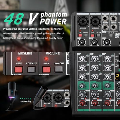 BOMGE Professional Audio Mixer Sound Board Console Desk System- Interface 8 Channel USB Bluetooth MP3 Computer Input 48V Phantom Power Stereo DJ Studio FX 256Bit DSP, for Professional and Beginners