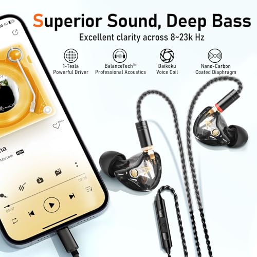 Audiovance Vibes 202ML HiFi 유선 이어버드, 아이폰 14/13/12/11/X, 프로 맥스용 | 마이크가 있는 인이어 헤드폰, 선명한 사운드, 딥 베이스, 소음 차단 이어버드, 실버 도금 코드, 편안한 핏, 케이스 - color: 1-블랙