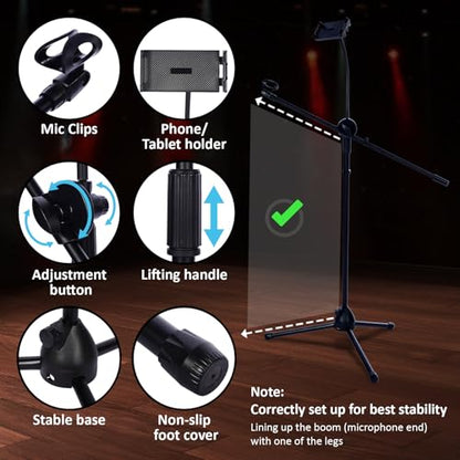 Sherr 2 Pcs Microphone Stand Boom Bulk, Adjustable Height Tripod Mic Stand with Dual Clip Foldable Universal Heavy Duty Tripod Holder for Livestream Singing Stage (Mic with Tablet Holder) - style: Mic with Tablet Holder
