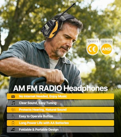 Digital AM FM Radio Headphones, Hearing Protection Earmuff for Adult, 30dB SNR for Mowing, Construction, Chainsaw - color: Yellow