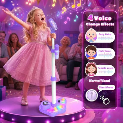 Kids Stand Rechargeable Karaoke Machine Toys with 2 Wireless Mic, Microphone Gifts for 3 4 5 6 7 8 Year Old Girls Grandkids, Bluetooth Speaker with LED Lights Birthday Gift for Age 3-8 - color: Purple
