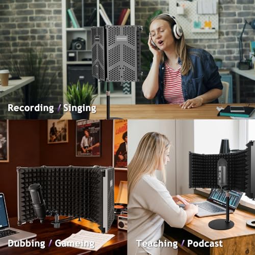 Microphone Isolation Shield, 5 Panels Sound Proof Mic Shield with Mic Stand, High Density Absorbent Foam Mic Isolation Shield for Recording Studio Vocal Booth Equipment - size: 5P(26.5"x9.9")