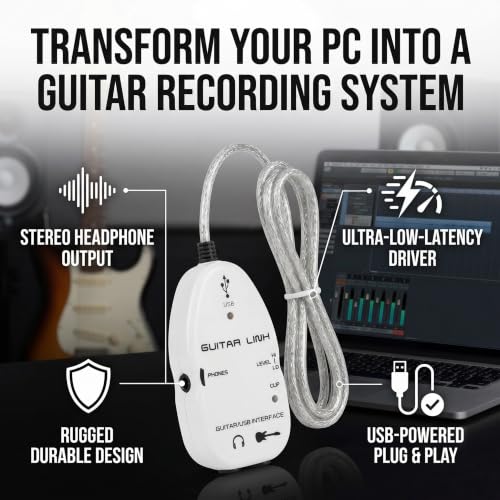 Walfront Guitar USB Audio Interface Adapter Recorder for PC with Stereo Headphone Output USB Powered for Monitoring with Active Monitor Speakers (White)