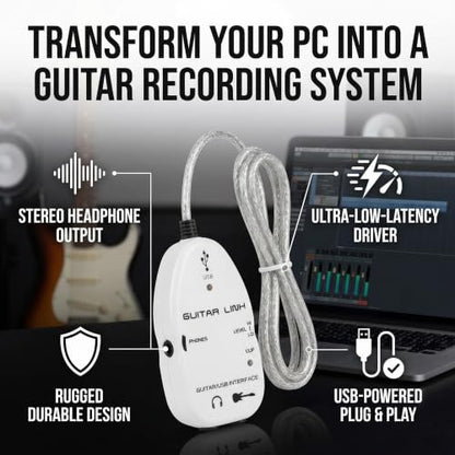 Walfront Guitar USB Audio Interface Adapter Recorder for PC with Stereo Headphone Output USB Powered for Monitoring with Active Monitor Speakers (White)