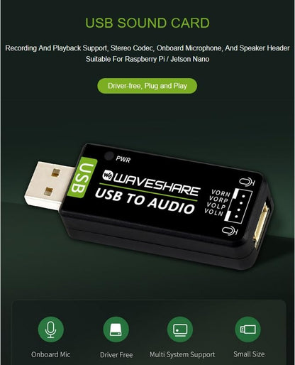 USB Sound Card with 8Ω 5W Speaker for Raspberry Pi/Jetson Nano