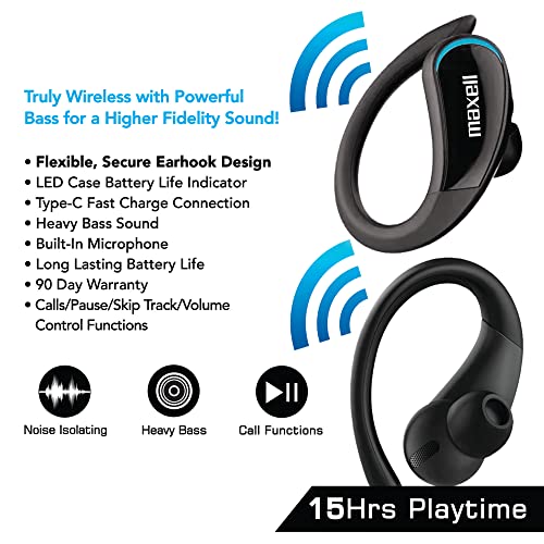 Maxell True Wireless Earbuds with Earhooks, 15hr Battery, Bluetooth 5.0 | Flexible earhook design stays secure during workouts - noise isolating, heavy bass, LED battery indicator case