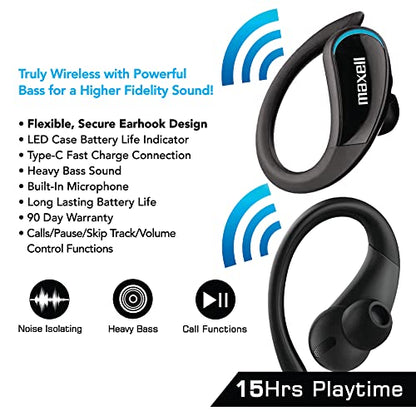 Maxell True Wireless Earbuds with Earhooks, 15hr Battery, Bluetooth 5.0 | Flexible earhook design stays secure during workouts - noise isolating, heavy bass, LED battery indicator case