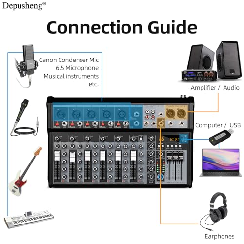 Depusheng Professional Audio Mixer, 7 Channel Audio Interface Sound Board Mixing Console System, 16-Bit DSP DJ Bluetooth Mixer +48V Phantom Effect For Karaoke Studio Streaming Recording (XT7)