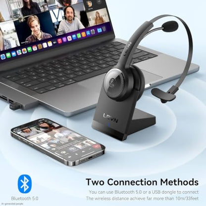 LEVN Bluetooth 5.0 Headset, Wireless Headset with Microphone (AI Noise Cancelling), 35Hrs Bluetooth Headphones with USB Dongle for PC, Suitable for Remote Work/Call Center/Zoom/Online Class, Black