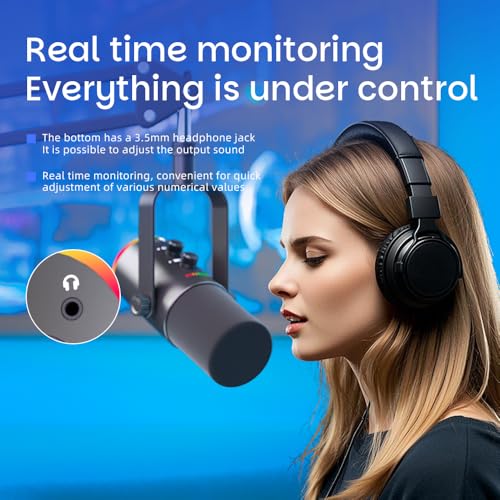 USB/XLR Desktop Dynamic Microphone with RGB Lighting, Noise Reduction, Mute Button & Headphone Jack - Podcast, Gaming, Streaming Mic for PC & Computer (Black) - color: Black