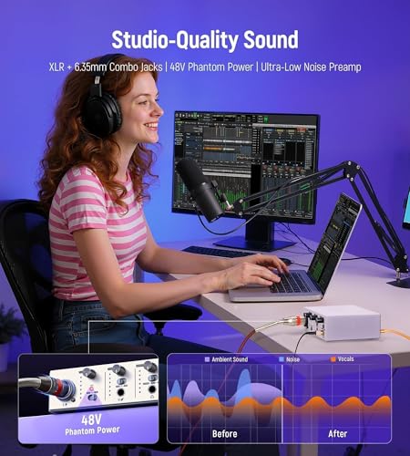 USB C Audio Interface for Recording Music, Streaming, Podcasting with XLR, Line Input, 24bit/48kHz, 48V Phantom Power, 2-channel, Silver
