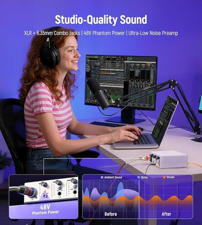 USB C Audio Interface for Recording Music, Streaming, Podcasting with XLR, Line Input, 24bit/48kHz, 48V Phantom Power, 2-channel, Silver