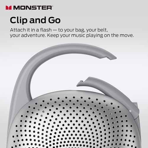 Monster S370 Ultra-Portable Bluetooth Speaker with Integrated Carabiner Clip, IPX7 Waterproof, 29H Playtime, Bluetooth 6.0, TWS Pair Clip-On Speaker for Outdoor, Hiking, Beach, Shower & Travel, Grey