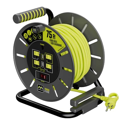Masterplug 75ft Cord Reel, Retractable Extension Lead with Winding Handle, Safety Overload Circuit Breaker and Power Switch, 4x Grounded Outlets, 2x USB Ports, 13amps, 14AWG Cable - size: 75ft, style: 14 AWG