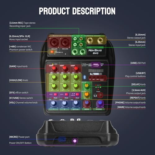DJ Audio Mixer, DJ Mixers 4 Channel Sound Board with Bluetooth, NEW BAXS Sound Mixer Board XRL/1/4" Interface, USB/MP3 Computer Input 48V Phantom Power Stereo DJ Studio Streaming KTV Stage,Balck