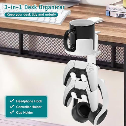 welltop 4 in 1 Controller Holder with Desk Cup Holder & Headphone Hanger, Rotatable Under Desk Clamp Controller Holder Dual Gamepad Headset Stand Gaming Desk Accessories for Xbox, PS4, PS5, PC, Switch
