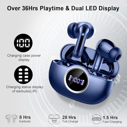 Wireless Earbuds, 2025 Bluetooth 5.4 Headphone 3D Bass Hi-Fi Stereo Ear Buds, 4 ENC Noise Cancelling Mic, 40H 3g USB-C in-Ear Earphone, IP7 Waterproof Workout Sport for Laptop Pad Android iOS, Blue - color: Blue
