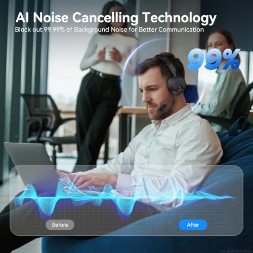 Bluetooth Headset with Microphone, 60 Hrs Bluetooth Headphones with Mic, Wireless Headset with Mic for Work/Meetings/Office/iPhone/Phone Calls/Call Center/Computer/PC/Teams/Zoom/Podcast/Skype/WebEx