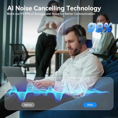 Bluetooth Headset with Microphone, 60 Hrs Bluetooth Headphones with Mic, Wireless Headset with Mic for Work/Meetings/Office/iPhone/Phone Calls/Call Center/Computer/PC/Teams/Zoom/Podcast/Skype/WebEx