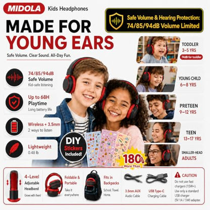 Kids Bluetooth Headphones Wireless 68 Hours,Safe Volume Limit 85/94dB | Adjustable Headband Foldable Over-Ear Lightweight Headsets for Toddler Girls Boys Tablet/iPad,HD Stereo,Built-in Mic Black - color: Black