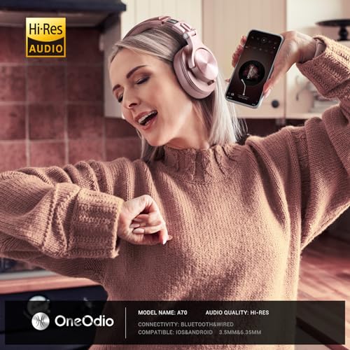 OneOdio A70 Bluetooth Over-Ear Headphones, Hi-Res Wired DJ Studio - RG | Wireless over-ear headphones with 72H playtime, 3.5mm/6.35mm wired jacks for studio monitoring, mixing, guitar, amp and PC - color: Rose Gold