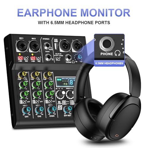 XR-4 4 Channel Small Audio Mixer Bluetooth Playback DJ console | 99 DSP sound effects, +48V phantom power, USB recording, portable design for karaoke and live performance