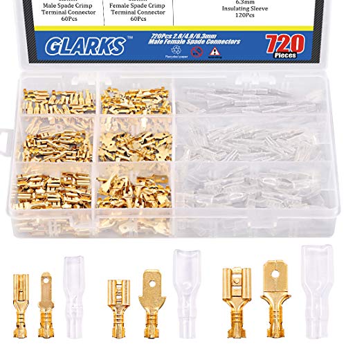 Glarks 720Pcs 2.8mm 4.8mm 6.3mm Male and Female Wire Spade Connector and Insulating Sleeve Assortment Kit Copper Wire Crimp Terminal Block with Nylon Sleeve Set for Car Audio Speaker - style: 720Pcs Golden Spade Connector