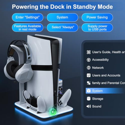 PS5 Cooling Station with Dual Controller Charger and RGB Lights | Cooling dock for PS5 Slim & PS5 Pro,dual controller charger,headset hook,7 RGB modes,not compatible with standard PS5 console