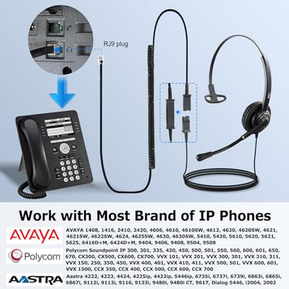MKJ Call Center Headset with Microphone, Telephone Headset for Office Phone Corded RJ9, Wired Headphone for Landline Altigen Polycom Gigaset Avaya 1408 Aastra 6573i AudioCodes Toshiba Fanvil etc