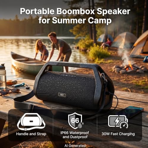 80W Jobsite Bluetooth Speaker w/Built-in Handle & Strap | IP66 Waterproof Dustproof Portable Boombox, 24H Playtime, No-Distraction Design, TWS for Construction Site, Workshop, Outdoor