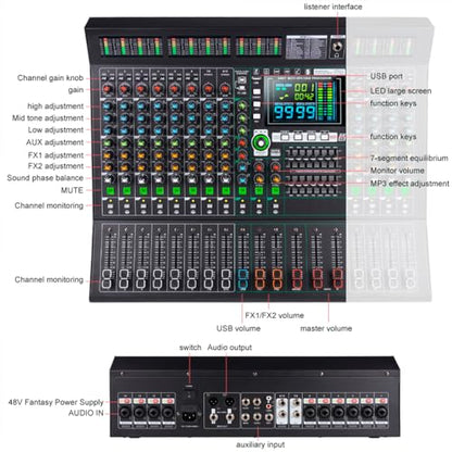 MD-14 14-Channel large-scale Professional Stage DJ Audio Mixer | 99 DSP Effects, LED Display, 48V Power, 9-Band EQ, Bluetooth & USB Playback , Noise Reductio, for Studio, Bar DJ