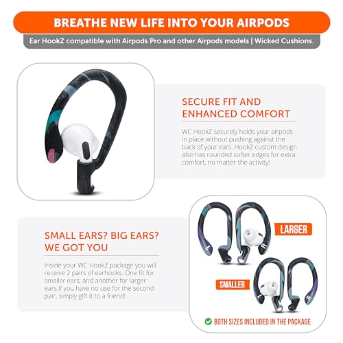 WC HookZ - Patented Upgraded Over Ear Hooks for AirPods Pro 1, 2 & AirPods 1, 2 & 3- Two Size Pairs Included in Package, Unique Left & Right Hook, Made by Wicked Cushions | 90's Black - color: 90's Black