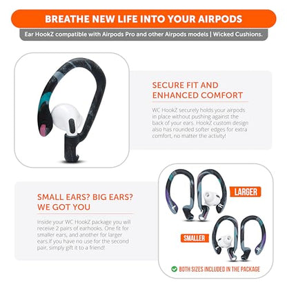 WC HookZ - Patented Upgraded Over Ear Hooks for AirPods Pro 1, 2 & AirPods 1, 2 & 3- Two Size Pairs Included in Package, Unique Left & Right Hook, Made by Wicked Cushions | 90's Black - color: 90's Black