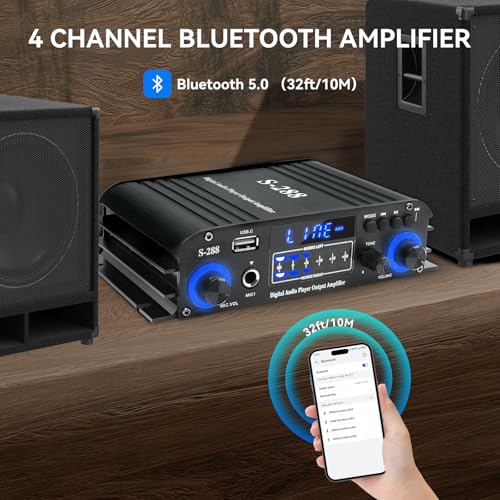 4 Channel Stereo Receivers Audio Home Amplifier Bluetooth 5.0, RMS 50Wx4 Max 1200W HiFi Power Amplifier, USB/SD/FM, Class D Home Audio Receiver for Home Theate - color: Black