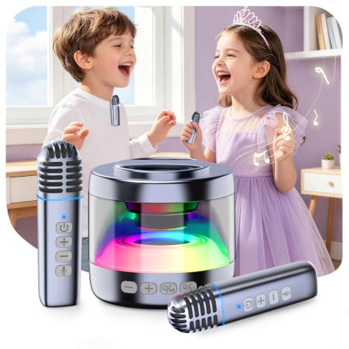 Mini Karaoke Machine for Kids with 2 Wireless Lapel Microphones | Portable Bluetooth Karaoke Speaker, Magnetic Phone Stand, Lyrics Display, Birthday for Girls Boys - color: Grey