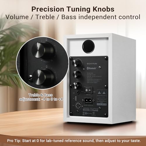Sanyun SW203 3" 2.0 Computer Speakers, Expanded Stereo Field, Triple-DSP | Built-in 24bit DAC, USB-C/Bluetooth 5.4/AUX, 60W Carbon Fiber Woofer & Silk Dome Tweeter, for Desktop PC Gaming (Pair, White) - color: White
