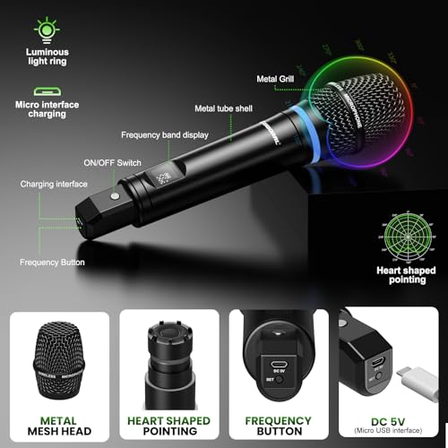 4 Channel UHF Wireless Mic Set with Handheld/Bodypack/Headset/Lapel Mics with Bluetooth Receiver Box + Volume Control Echo for Karaoke PA DJ Party (Wireless Microphone System)