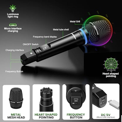 4 Channel UHF Wireless Mic Set with Handheld/Bodypack/Headset/Lapel Mics with Bluetooth Receiver Box + Volume Control Echo for Karaoke PA DJ Party (Wireless Microphone System)