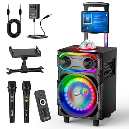 Karaoke Machine for Adults with 2 Wireless Microphones, BT PA System with Disco Ball LED Lights, Rolling Wheels, Tablet Holder, Remote Control, Support TWS/USB/AUX/TF/REC/FM for Home Parties