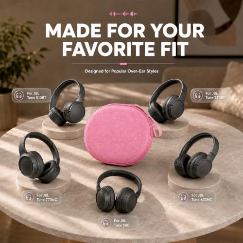 Hard Headphone Case for JBL Tune 770NC/510BT/720BT/520BT/670NC | Wave Foam, Elastic Strap, Soft Lining, Mesh Pocket, Carry Handle, Folded Headphone Storage, Pink, Case Only - color: Pink
