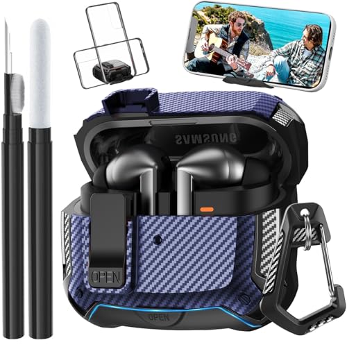 Compatible with Samsung Galaxy Buds 3 Pro Case/Bud3 Cover Lock Clip with Phone Stand for Men, Military Shell Galaxy Buds Pro 3/ Bud 3 Protective Armor Skin with with Cleaner Kit & Carabiner - color: ABlack/Blue