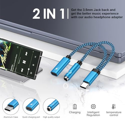 Pixel 10a 9 USB C to 3.5mm Headphone Charger Adapter for Google Pixel 10Pro | 9 Pro XL 8 7,Samsung Galaxy S26Ultra S25FE A16 A54 S24,iPhone 17e 16,2in1 Type C to Aux Audio Jack Fast Charging Dongle Cable