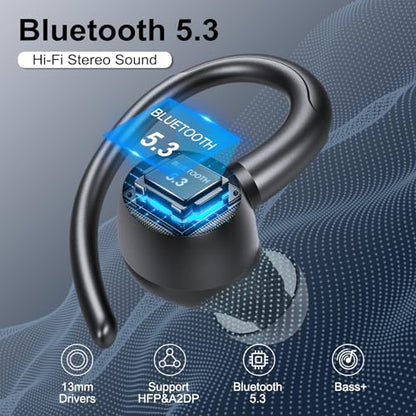 Wireless Earbuds Bluetooth 5.3 Headphones Sports, 48H Over Ear Bud with ENC Mic, Stereo Deep Bass Bluetooth Earbuds with Secure Earhooks, LED Display, IPX7 Waterproof Earphone for Running Ivory Black