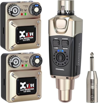 Xvive U45R2 Wireless in Ear Monitor System 5.8ghz IEM System 1 Transmitter and 2 Bodypack Receiver for Studio, Band Rehearsal, Live Performance, Channel Scan Mode - style: U45R2