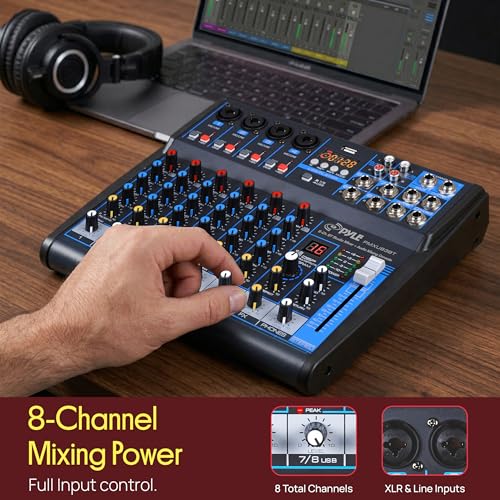 Pyle 8 Channel DJ Audio Mixer, Bluetooth, DSP FX, USB, Audio Interface