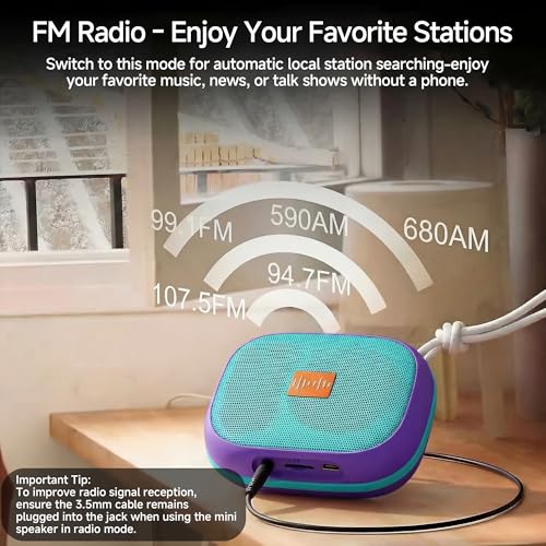 FunHub Waterproof Bluetooth Shower Speaker, Small & Light with Anti-Slip Sides, 3 Play Modes, FM Radio, Bluetooth 5.3 Immersive Stereo Sound (TWS), for Bathroom, Pool, Beach & Outdoor Party – Purple - color: Purple