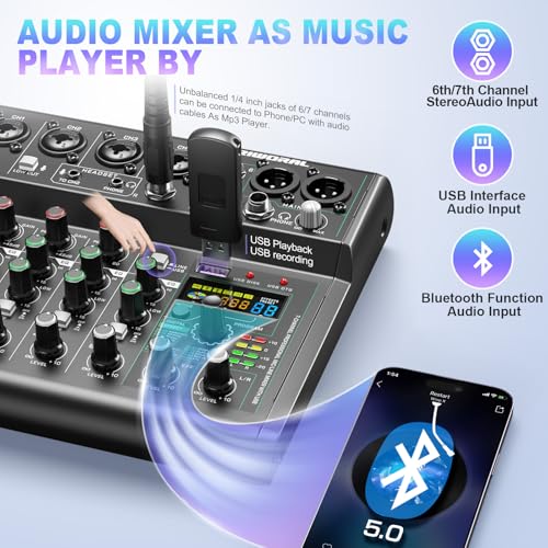 USB interface Audio 7 Channel Mixer With Effects 88 Dsp Digital DJ Mixing Board Bluetooth Music Player 48v Line For Condenser Mic Audio Mixer to PC/Phone For Karaoke Record Livestream