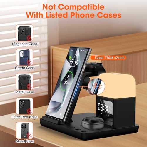 Wireless Charger for Samsung/Android Charging Station, 6 in 1 Fast Watch Charger with Alarm Clock-Night Light, Compatible for Galaxy S25 Ultra/S24, Only for Samsung Watch8/7, Galaxy Buds3 Pro(Black) - color: Black